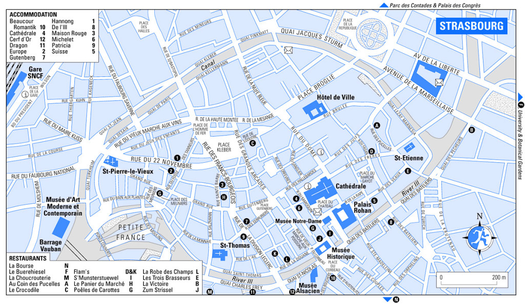 Карта достопримечательностей и ресторанов Страсбурга