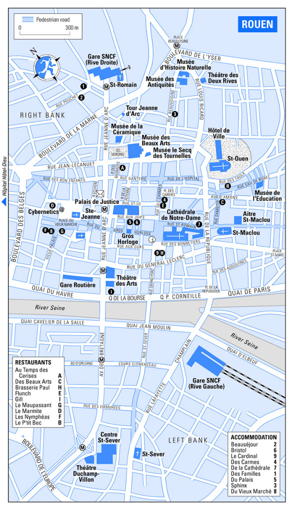 Карта французского города Руан с достопримечательностями и ресторанами